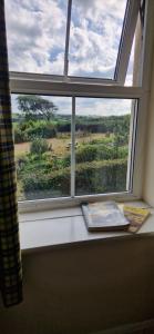 a window with a book on a window sill at Sycamore Farm in Launceston