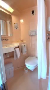 La salle de bains est pourvue de toilettes, d'un lavabo et d'un miroir. dans l'établissement Premiere Classe Quimper, à Quimper
