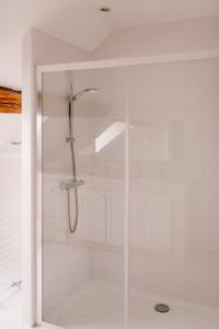 La salle de bains est pourvue d'une douche avec une porte en verre. dans l'établissement gîte la vannageoise, aux Riceys