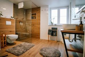 a bathroom with a toilet and a shower and a sink at Apartman Saturn in Osijek