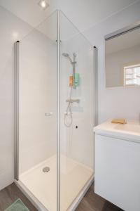 a glass shower stall in a bathroom with a counter at The Fashion Street Residence in Antwerp