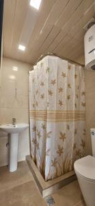 Un baño con cortina de ducha y lavabo. en Близко к метро, en Ereván