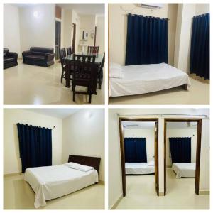 quatro fotografias de um quarto com duas camas e uma mesa em Cheapest Apartment in Dhaka em Daca