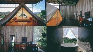 a collage of four pictures of a tent at Tanoshi Glamping In Khao Sok in Khao Sok National Park