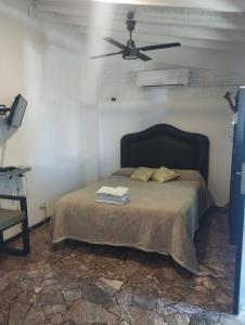 1 dormitorio con 1 cama y ventilador de techo en Disfruta como local en Mendoza