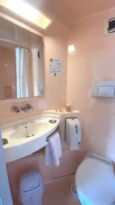 La salle de bains est pourvue d'un lavabo blanc et de toilettes. dans l'établissement Premiere Classe Quimper, à Quimper