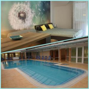 um quarto de hotel com uma grande piscina em Pitypang Apartman*** em Zalakaros