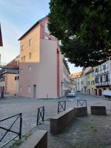 a city street with buildings and a tree at Liten Tur ' N in Sélestat