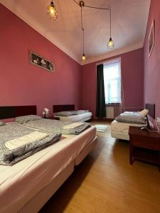 two beds in a room with purple walls at Klauzal19 Rooms in Budapest