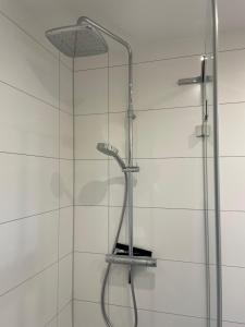 a shower with a shower head in a bathroom at Pension am Eichenhain in Nürnberg