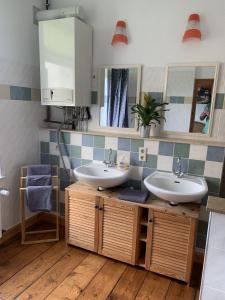 een badkamer met twee wastafels en een spiegel bij Wohnen in Schlossnähe in Schwerin