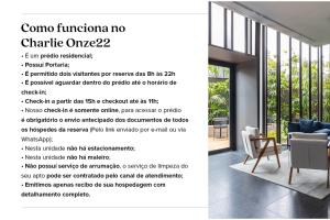un dépliant pour une maison avec un rendu d'un salon dans l'établissement Charlie Onze22 Vila Madalena, à São Paulo