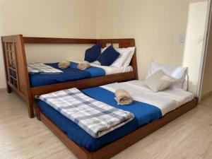 2 Betten mit blauer und weißer Bettwäsche in einem Zimmer in der Unterkunft Magnifico apartamento in Bogotá