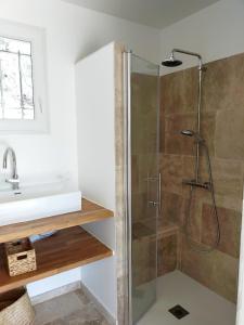 ein Bad mit einer Dusche und einem Waschbecken in der Unterkunft Grand Studio L'Imprévu de Correns in Correns