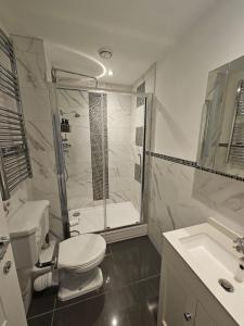 a bathroom with a shower and a toilet and a sink at The Regent House in Brighton & Hove