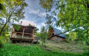 a log cabin in the middle of a field with trees at Căsuța Sofia NND Resort in Slon