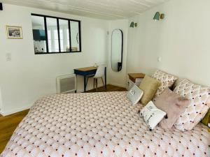 une chambre avec un grand lit avec des oreillers dessus dans l'établissement La p'tite Nouba à 300m de la mer, à Cayeux-sur-Mer 8 autres photos