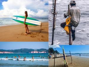 a collage of photos of people on the beach at Kurumi Capsule Hotel in Weligama