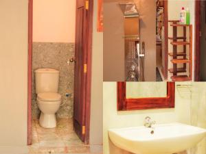 two pictures of a bathroom with a toilet and a sink at Kurumi Capsule Hotel in Weligama