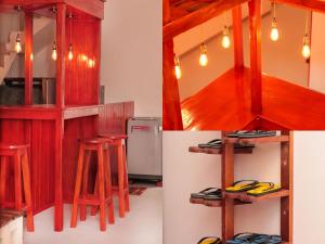 two pictures of a kitchen with a bar with stools at Kurumi Capsule Hotel in Weligama