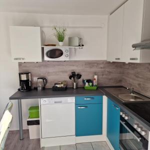 een kleine keuken met blauwe en witte kasten bij Ferienwohnung Vier Pfoten in Willingen