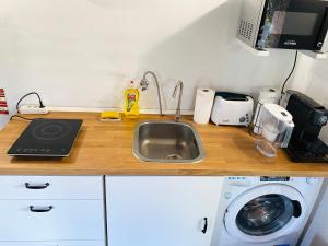un bancone cucina con lavandino e lavatrice di Poolside Wooden House a Moçarria