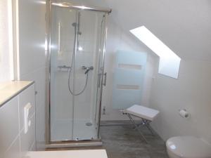 a white bathroom with a shower and a toilet at Ferienhaus zwischen den Seen in Sedlitz +6 photos
