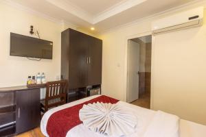 1 dormitorio con 1 cama y TV en la pared en Hotel Highlander, Thamel, en Katmandú