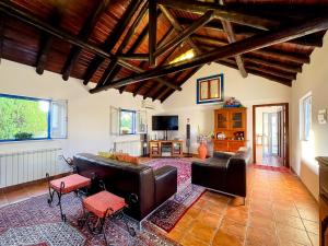 a living room with a couch and a tv at Quinta do Cutato - Piscina Guest House in Santo Estêvão