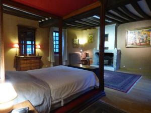a bedroom with a canopy bed and a fireplace at 2 Suites dans demeure authentique du XVÈME in Saint-Longis