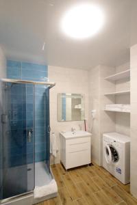 a bathroom with a shower and a sink and a washing machine at Lviv Nest center aparts in Lviv +112 photos