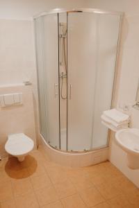 a bathroom with a shower and a toilet and a sink at Golf Hotel Austerlitz in Slavkov u Brna