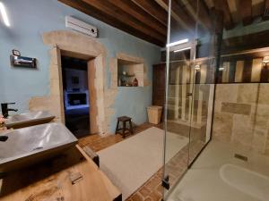 a bathroom with a glass shower and a sink at 2 Suites dans demeure authentique du XVÈME 
