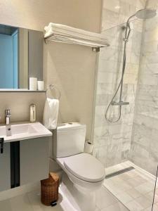 W łazience znajduje się toaleta, prysznic i umywalka. w obiekcie Luxury Centric Upscale Condo w mieście Los Prados