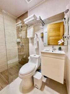 ein Bad mit einem WC, einer Dusche und einem Waschbecken in der Unterkunft Cozy Hideaway Apt Near Beach in Boca Chica