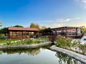 a building with a pond in front of it at Quinta do Cutato - Soba Guest House in Santo Estêvão