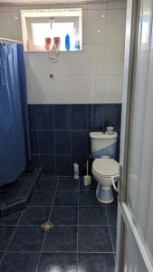 a blue tiled bathroom with a toilet and a window at Guest house 