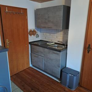 a small kitchen with a sink and a door at Wohn-Eitel Romantik in Bad Wildbad