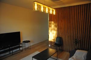 a living room with a couch and a television at Apartment for six near Railway station in Rovaniemi