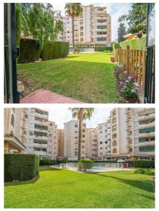 deux photos d'un parc dans une ville avec des bâtiments dans l'établissement Habitación con Smart tv en piso compartido con baño privado o compartido Malaga Sol, à Malaga