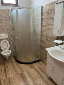 a bathroom with a shower and a toilet and a sink at Peja INN in Peje