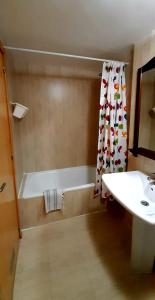 a bathroom with a sink and a shower curtain at El Mirador de la Estación in Canfranc-Estación