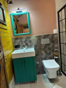 La salle de bains est pourvue d'un lavabo vert et de toilettes. dans l'établissement House Nero, à Tonya