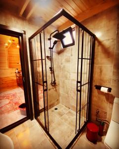 a bathroom with a shower in a room at Sıcak havuzlu dağ evi in Sapanca