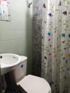 ein Badezimmer mit einem WC, einem Waschbecken und einem Duschvorhang in der Unterkunft Hotel Casa Real 2 in Popayan