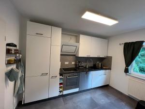 eine kleine Küche mit weißen Schränken und einem Waschbecken in der Unterkunft Ferienhaus am Bach Koblenz in Koblenz