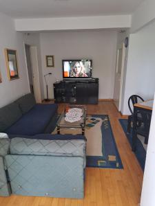 a living room with a couch and a tv at A&A Apartment in Skopje