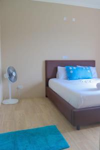een slaapkamer met een bed met een ventilator en een blauw tapijt bij Kamande Ocean Breeze in Pingilikani