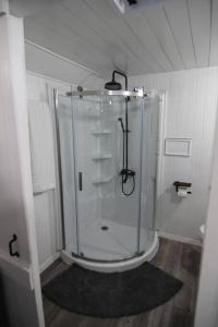 y baño con ducha y mampara de cristal. en NoZaDi classic horse trailer converted into a unique tiny home, 