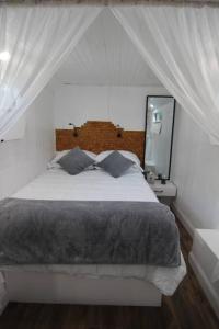 1 dormitorio con 1 cama grande y espejo en NoZaDi classic horse trailer converted into a unique tiny home, 